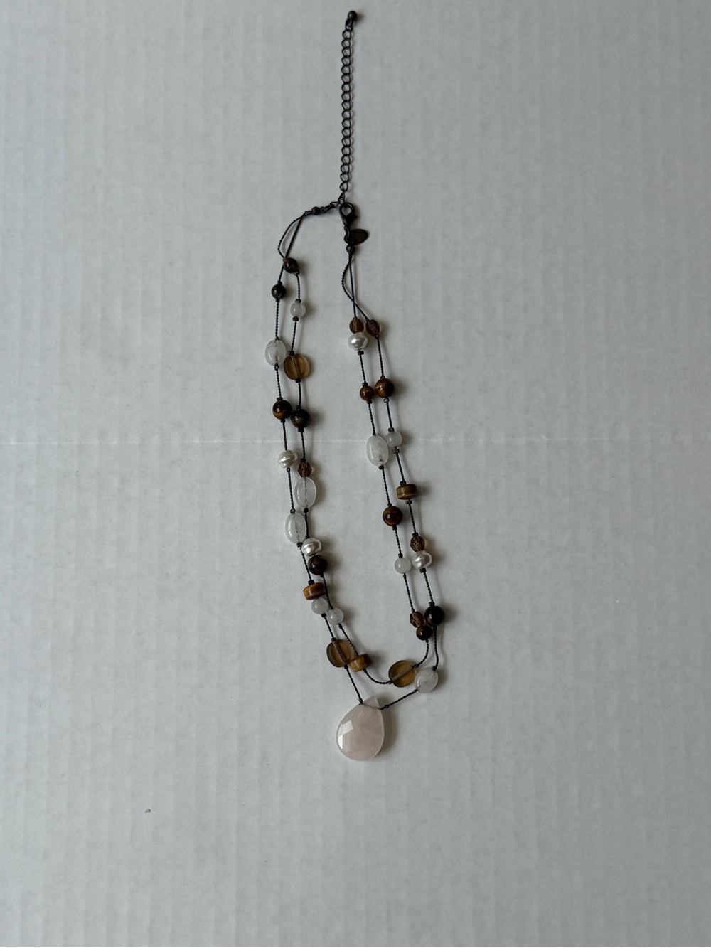 Lia Sophia Cimaron Brown and Clear Layered Beaded Necklace with Rose Quartz Drop
